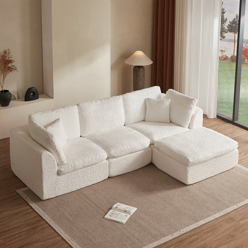 Canapé convertible en L avec repose-pieds, Chenille blanche