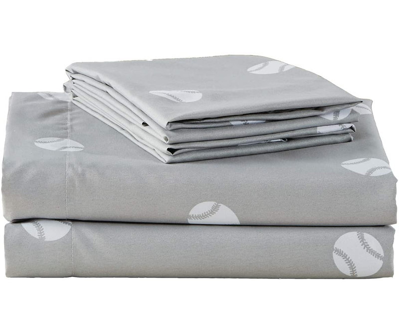Gray and White Baseball Print Twin Microfiber Sheet Set