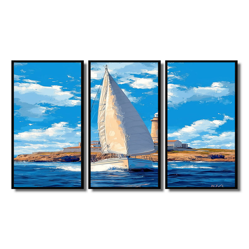Amreen - ensemble d'art mural bateau, Cadre flottant noir, H 32 po x l 48 po x P 1 po