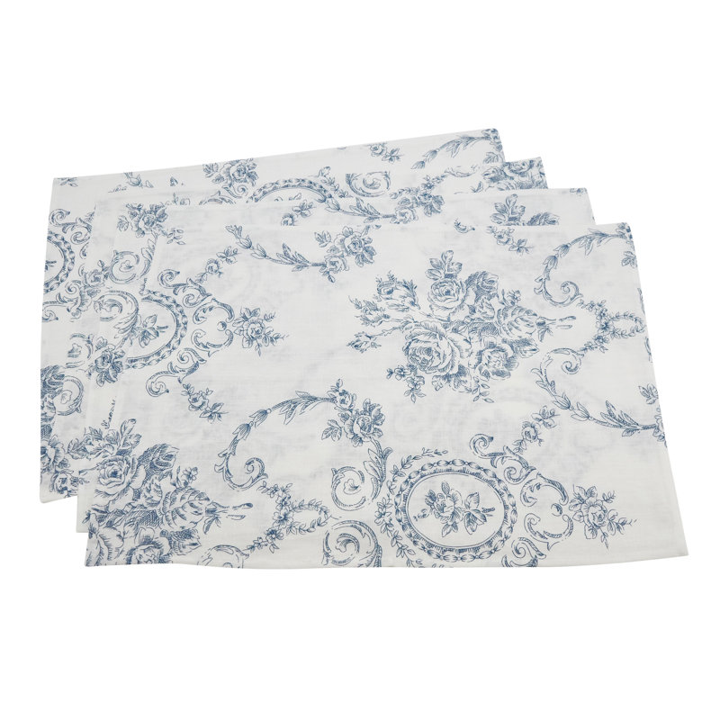 Blue Floral Linen Rectangle Placemats Set of 4
