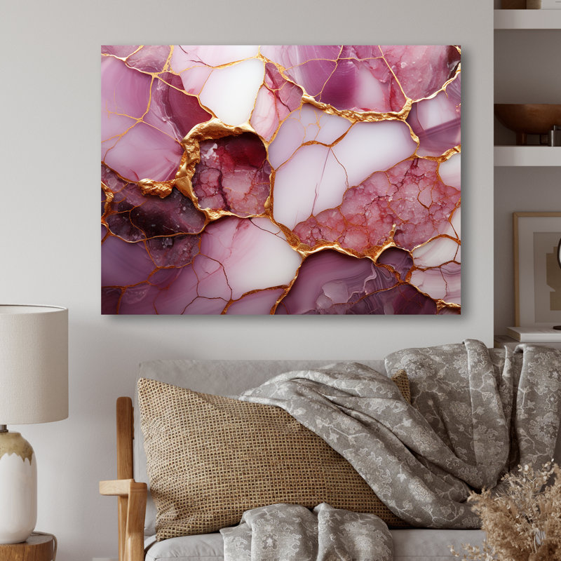 «Pink and Gold Marble River I», reproduction d'art murale abstraite en métal, H 12 po x l 20 po x P 1 po