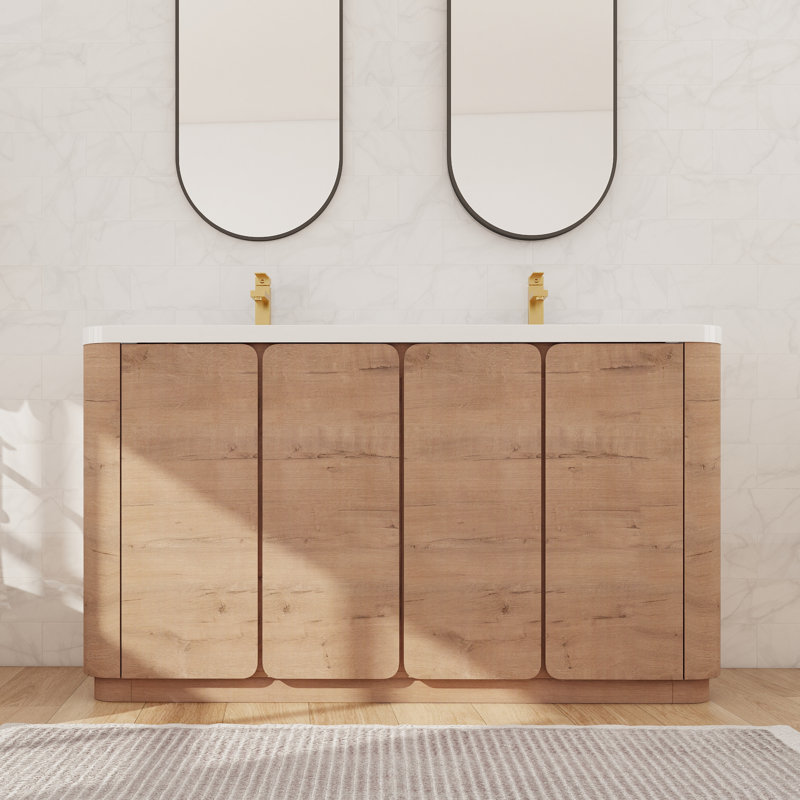 Meuble-lavabo double autoportant de 60 pouces avec deux lavabos en résine, deux armoires de rangement et étagères intérieures.