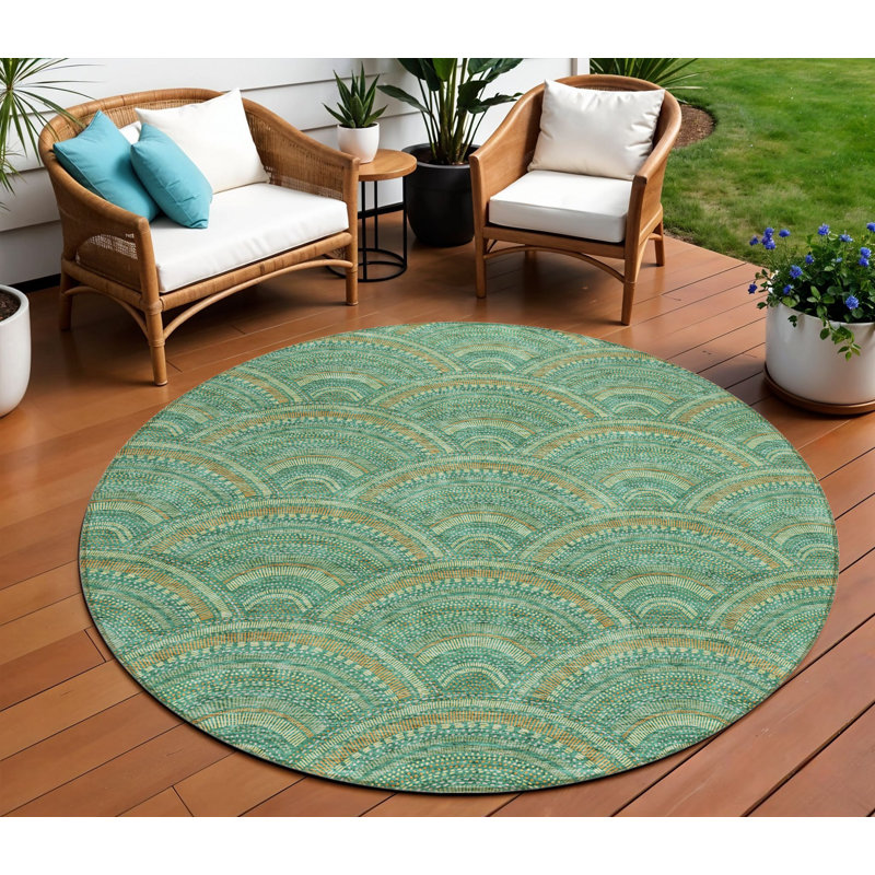 Tapis extérieur lavable rond vert géométrique et pêche 8 pi