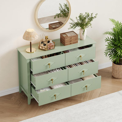 Commode cannelée pour chambre à coucher, commode en bois à 6 tiroirs de 47,2 pouces de largeur, commode moderne, rangement pour le hall d'entrée du salon, vert