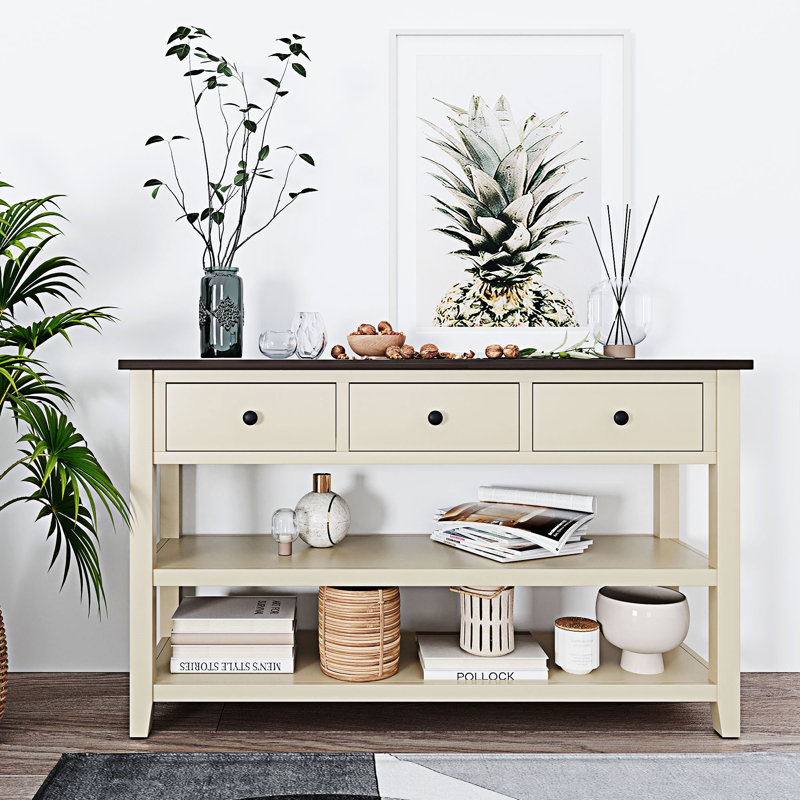 Console avec tablettes ouvertes, Espresso, Beige