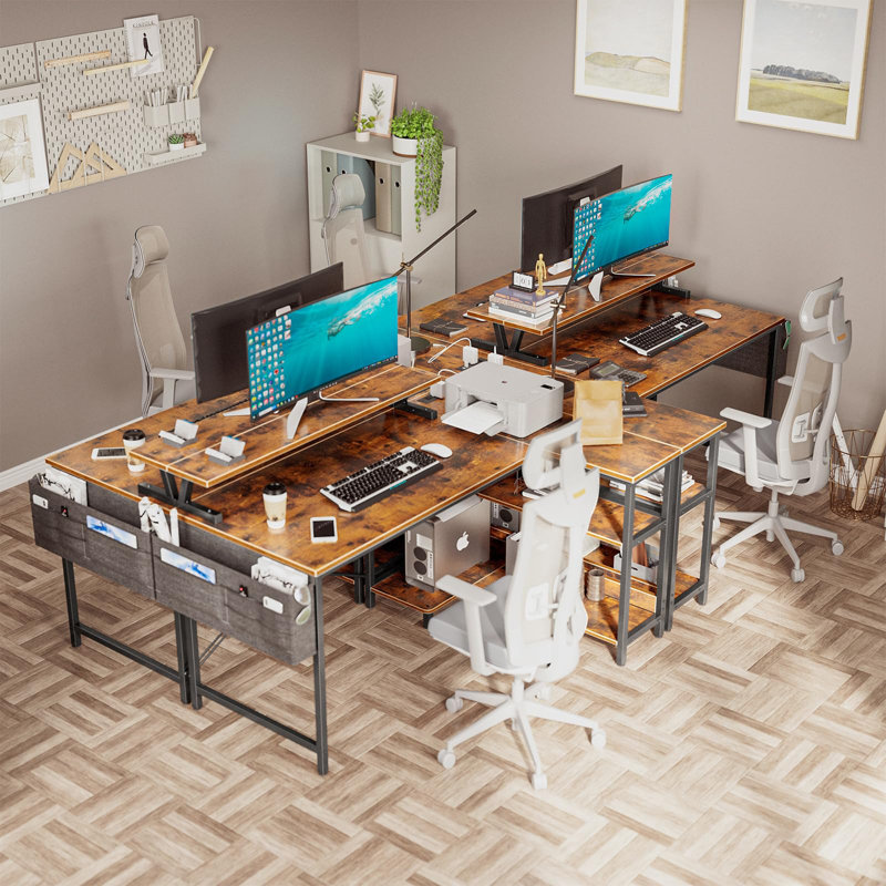 Selman L-Shaped Metal Base Writing Desk, Brown
