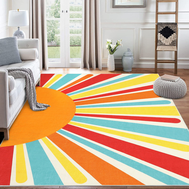Cute Machine Washable Rugs Sunburst Area Rug Modern Non-Slip Rugs for Bedrooms Colorful Soft Carpet for Kids Boys Girls Dorm Nursery Reading Corner
