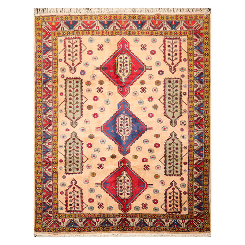 Tapis unique en laine noué à la main de 6 pi 6 po x 9 pi 4 po de couleur pêche / bleu royal / rouge Justyne