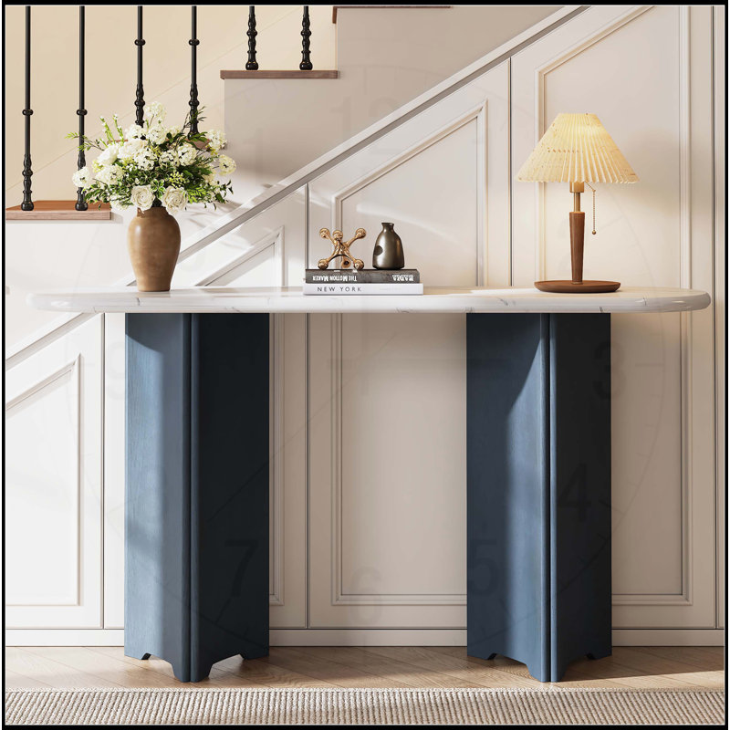 Charmante console rustique avec plateau ovale en marbre et pieds robustes, Marine