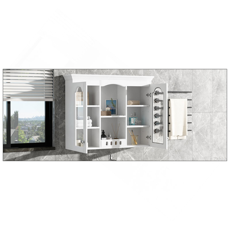 Armoire à pharmacie murale, armoire de salle de bain murale avec 2 portes en verre, armoire de rangement encastrée au-dessus de la toilette avec rangement, blanc