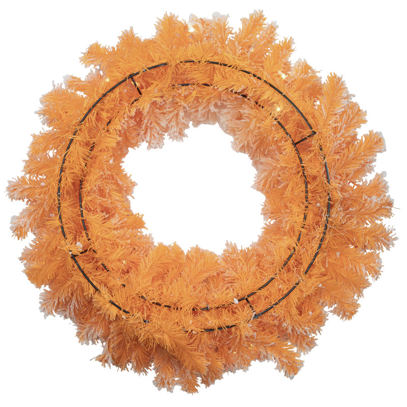 Couronne de Noël artificielle pré-éclairée en pin floqué - lumières claires, Orange, H 24 po x l 24 po x P 5 po