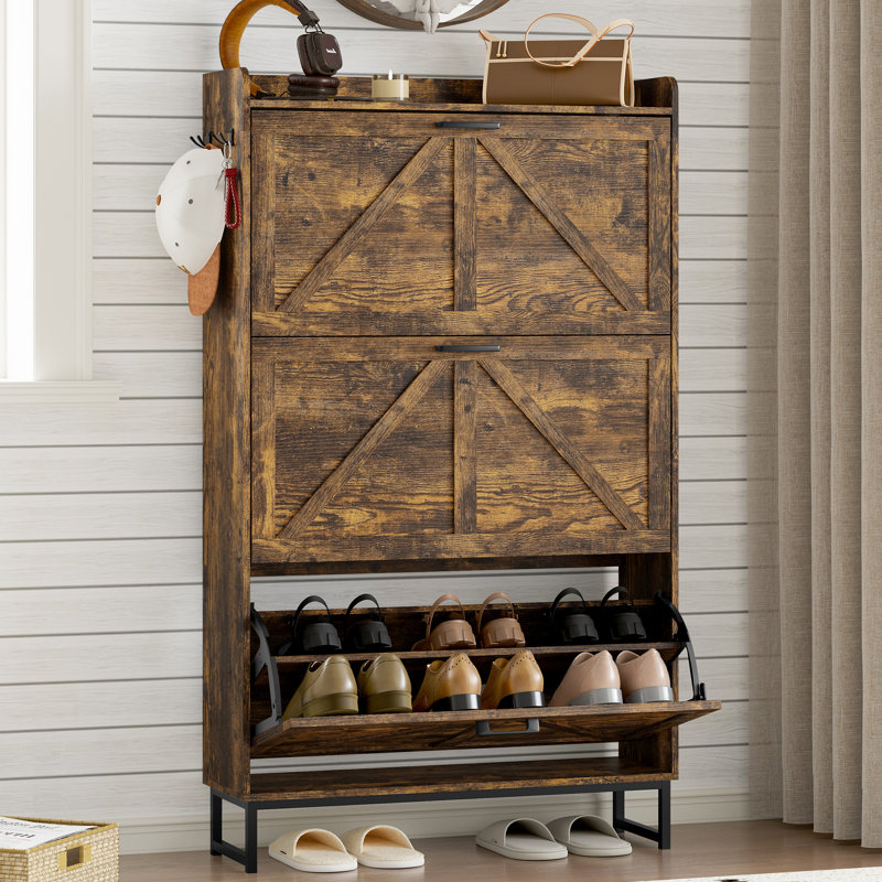 3-Tier Flip-Top Safety Shoe Cabinet with Anti-Tip Mechanism—Essential Entryway Storage Solution, Rustic Brown
