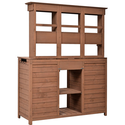 Ergonomic Workstation - 65.7'' Tall, Fir Wood, 6 Drawers, 2 Cabinets, 3 Shelves, Side Hooks, Brown 65.7''H Garden Potting Desk Ergonomic, Rustic