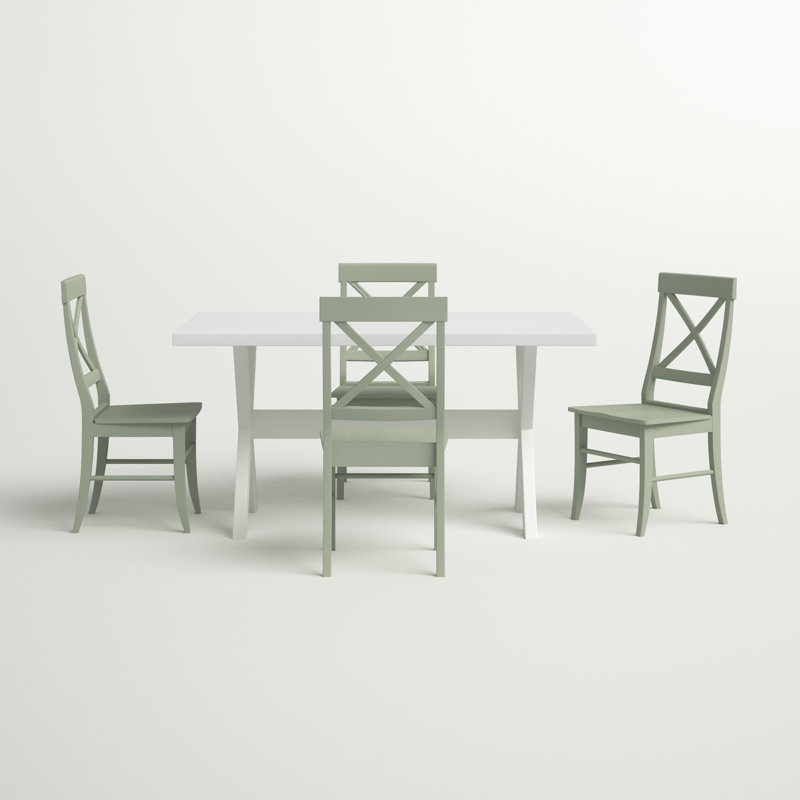 Ensemble de salle à manger en bois d'hévéa massif pour 4 personnes Rivy, Blanc / menthe