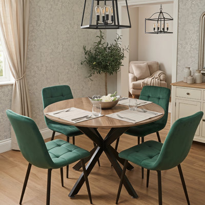 4 Seater Round Dining Table with Wood Effect Tabletop Black Metal X Shaped Legs & 4 Velvet Chairs for Kitchen Dining Room Furniture Set