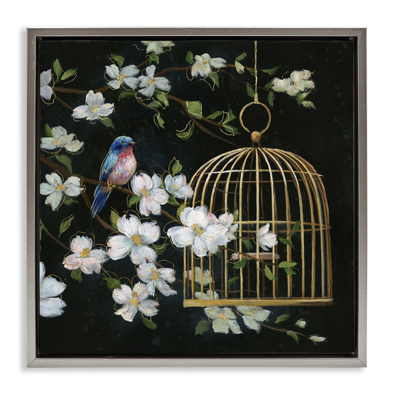 «Night Song Birdcage» sur cadre flottant noir, design par Nan, Cadre flottant gris lustré, H 18 po x l 18 po