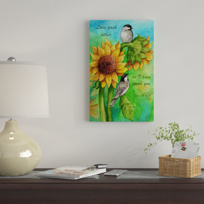 «Sunflower and Chickadee», reproduction d'impression sur toile tendue, H 32 po x l 22 po x P 2 po