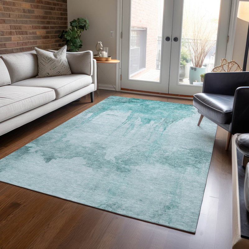 Teal Abstract Washable Indoor/Outdoor Rectangular Rug 3' x 5'