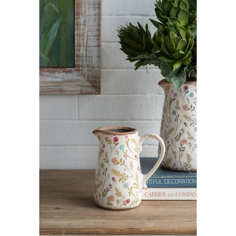 Round Ceramic Pitcher Vase with Multi-Colored Floral Motifs, 7.1”H x 6.3”W x 4.5”D