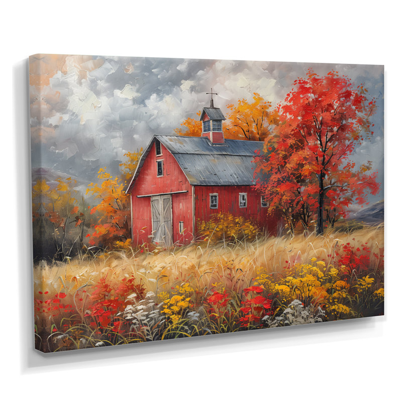 Automne rouge grange brise I - impressions encadrées de grange, H 24 po x l 32 po x P 1 po, Toile tendue