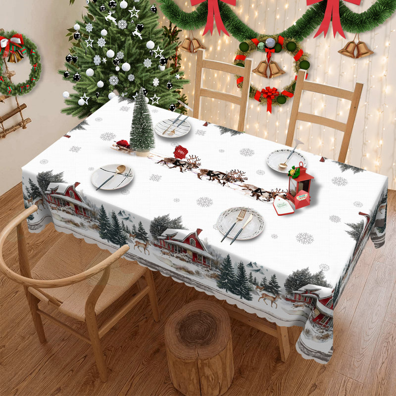 1pc round/rectangular polyester tablecloth, Christmas tablecloth with pine, snowman, truck, embosed edge, Christmas decorations for dining table, festival party holiday table decoration, perfect festival gift