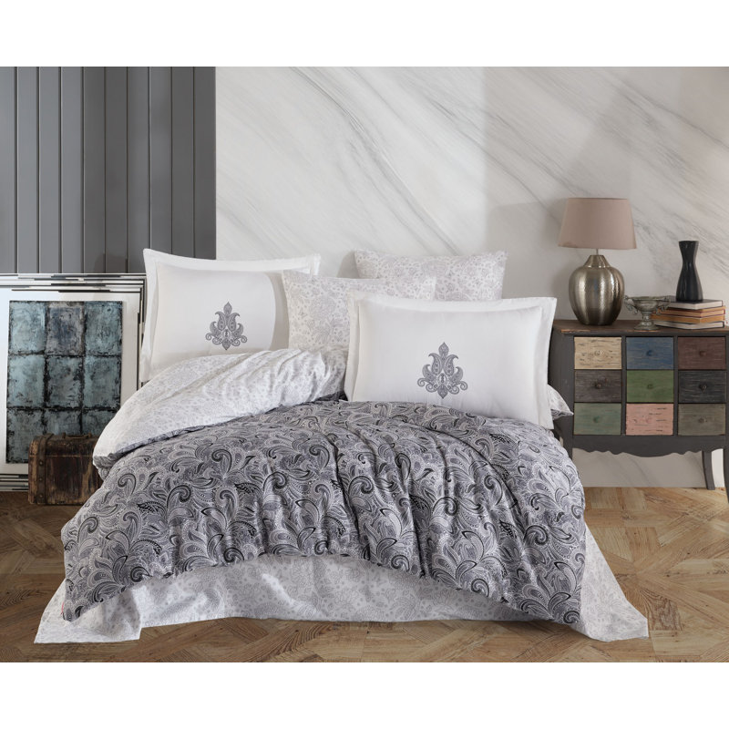 Ensemble de housse de courtepointe en satin, Blanc; gris