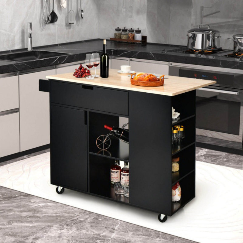 Drop-Leaf Kitchen Island Cart with Rubber Wood Top, Black