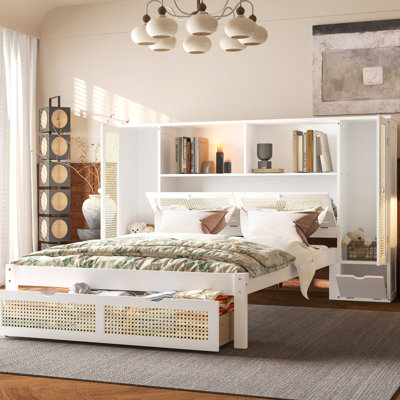 Lit simple en bois avec rangement absorbant - 2 casiers, tiroir, tablette de tête de lit en bois naturel, deux configurations attrayantes en bois blanc