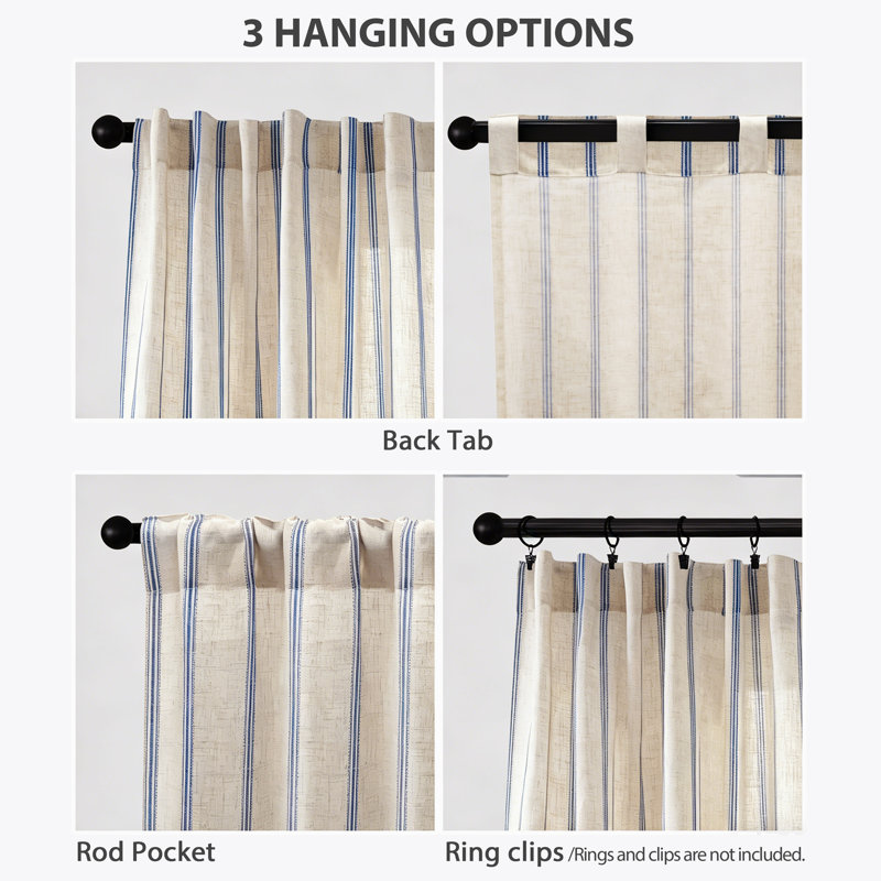 Farmhouse Striped Linen Blend Textured Light Filtering Semi Sheer Rod Pocket Back Tab Curtains, 52" W x 54" L, Navy