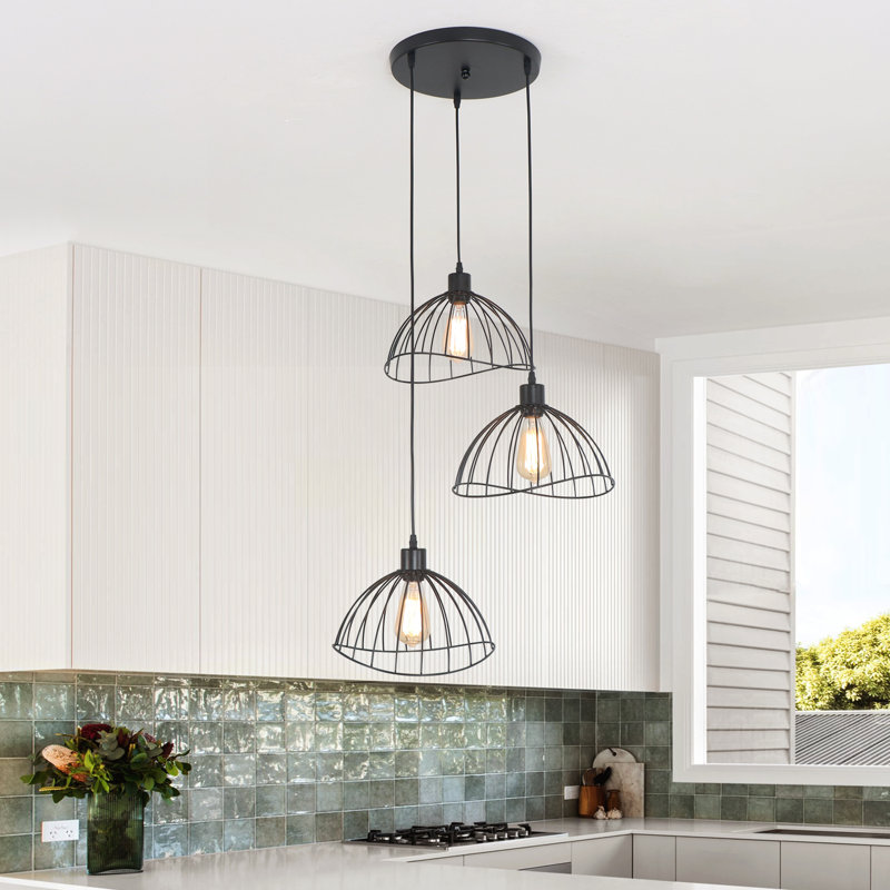 3 Lights Black Farmhouse Cage Pendant Light Vintage Modern Light Round Base
