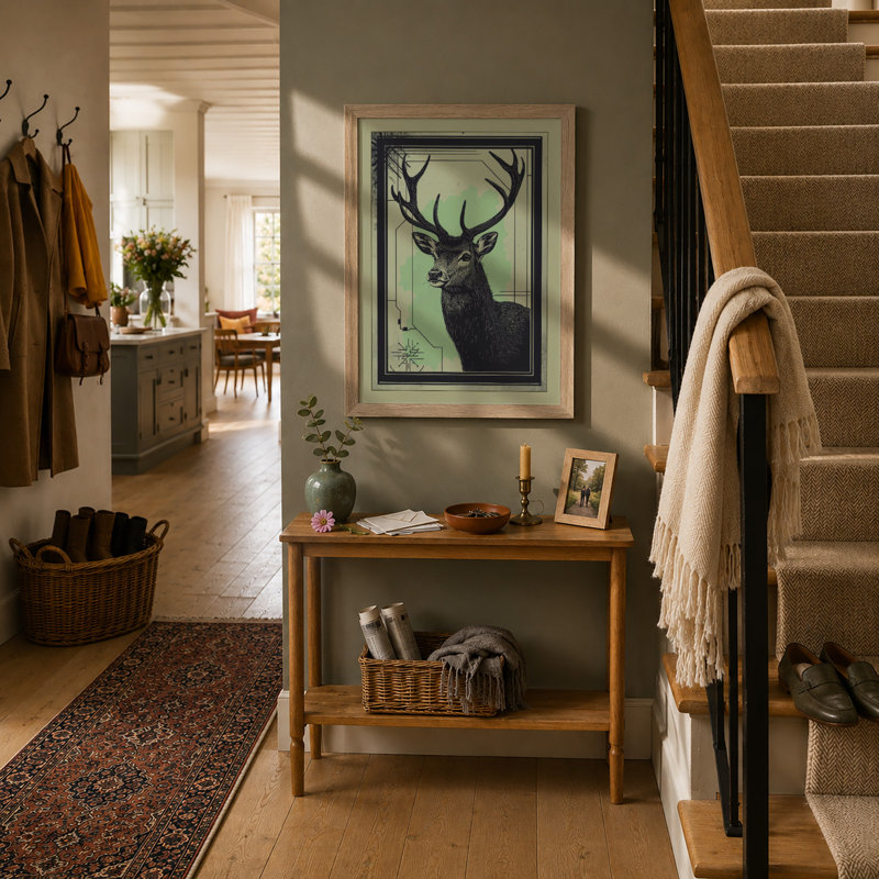 Antlered Deer Boho - Framed Print, A2 - 59.4 x 42.0 cm, Oak