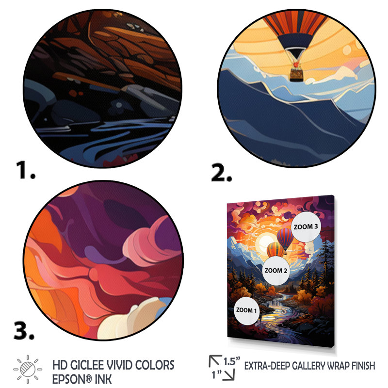 Impression sur toile «Orange Hot Air Ballon Collage II», H 32 po x l 16 po x P 1 po, Cadre photo noir