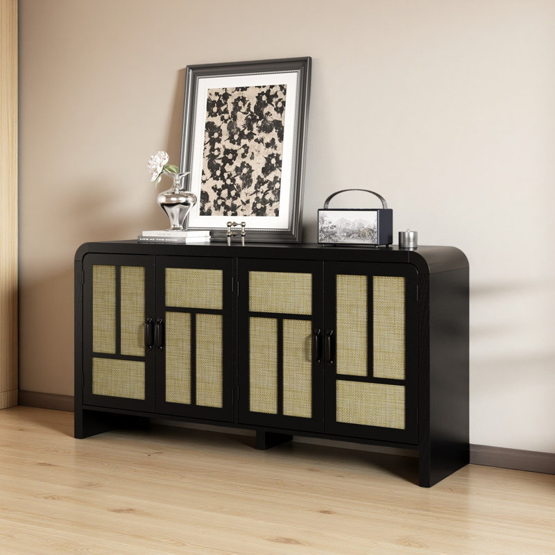 Rattan Sideboard Buffet Cabinet with Storage, 59'' Large Boho Storage Cabinet with 4 Doors and Adjustable Shelves, Wood Console Table for Kitchen