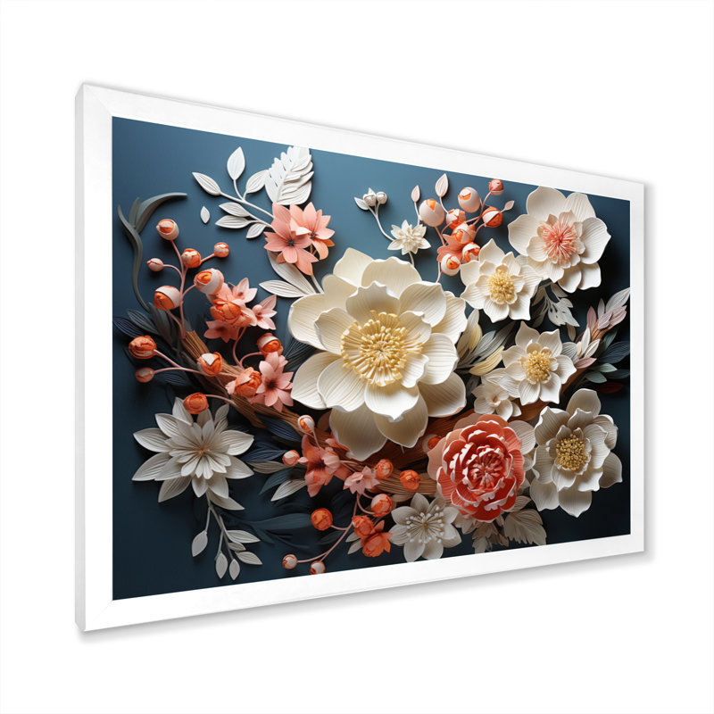 Art asiatique, fleurs éternelles I - impression, H 34 po x l 44 po x P 1,5 po, Cadre photo blanc