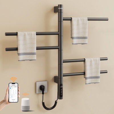ENZE Smart Rotating Heated Towel Rack for Bathroom, 5-Bar Wall-Mounted Electric Towel Warmer 85W with Swivel Bars, Wi-Fi App Control, 24H Timer, Stainless Steel, IPX5, Hardwired/Plug-in, Gray