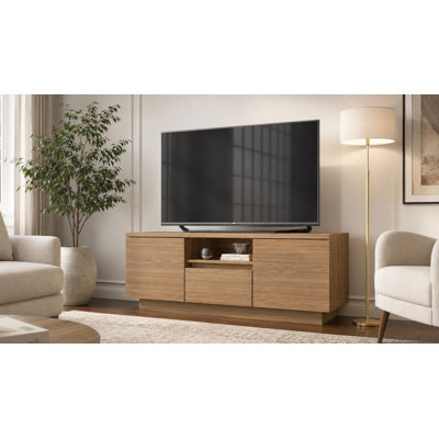 Meuble télé moderne pour téléviseurs jusqu'à 50 pouces, centre multimédia avec deux portes, un tiroir, une tablette ouverte et un système de gestion des câbles, fini noyer foncé