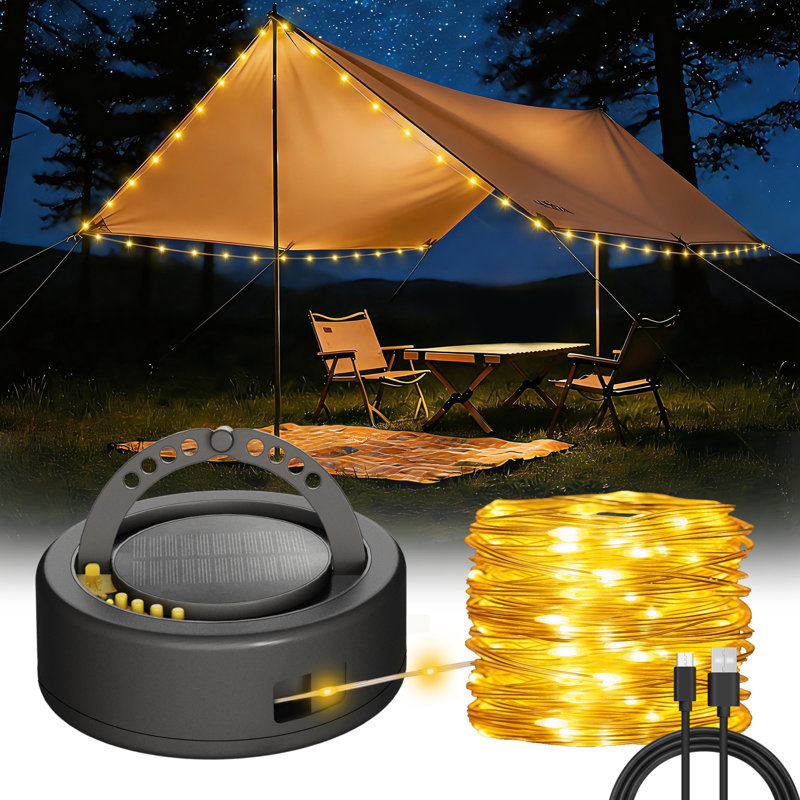 Solar Rechargeable 3-in-1 Outdoor Camping Rope Light with LED Panel & Flashlight, 33FT 100 LEDs, IP65 Waterproof, Warm White