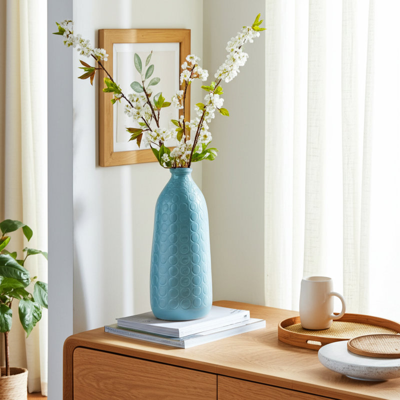 Agaba Textured Stoneware Ceramic Vase - Modern Decorative Accent, 16" H x 7" W x 7" D, Blue
