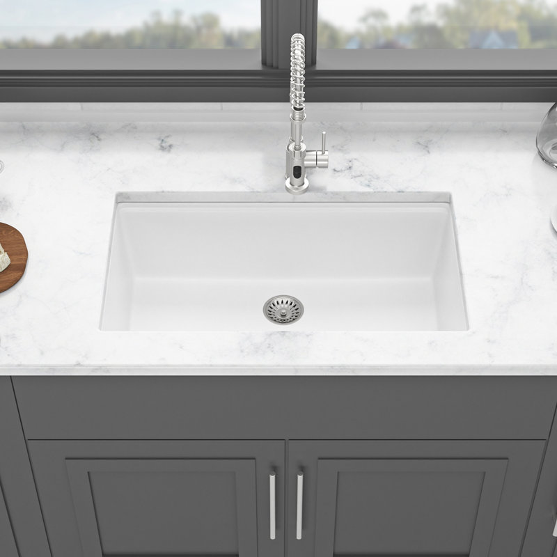 White 30X19" Quartz Undermount Workstation Kitchen Sink, Non - Scratch Surface, Reduces Dirt Build Up, Comes With Bottom Grid & Strainers White, 30X19", Quartz, Workstation, Thick, Smooth, Grid,