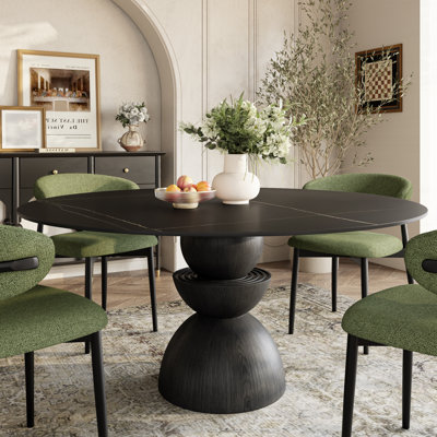 Modern Round Dining Table with Premium Sintered Stone Table & Sturdy Solid Wood Pedestal Base For 2/4/6