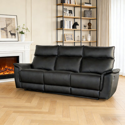 Modern 86" Wide Leather Match Manual Reclining Sofa，3-Seater Recliner，With zero clearance recliner  Design, Tab Pull Reclining And Comfortable Foam & Pocket Coil Seating