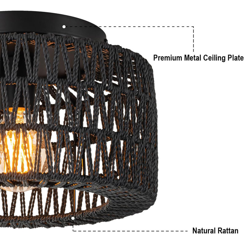 Rattan Ceiling Light Fixtures (12-Inch, LED Bulb Included) Hand-Woven Boho Flush Mount Ceiling Light Rattan Chandelier(Black)
