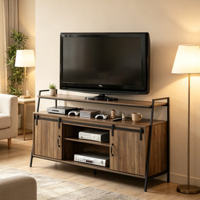Meuble télé rustique rustique en chêne de 152 cm avec structure métallique de style tuyau, meuble de rangement pour salon
