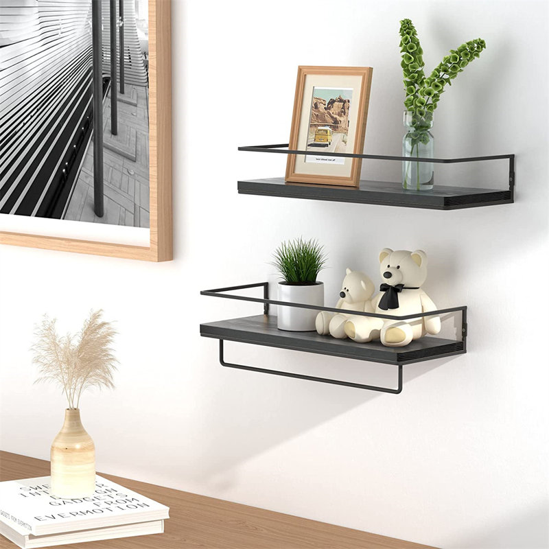 2 Piece Metal Floating Shelf with Towel Bar, Black