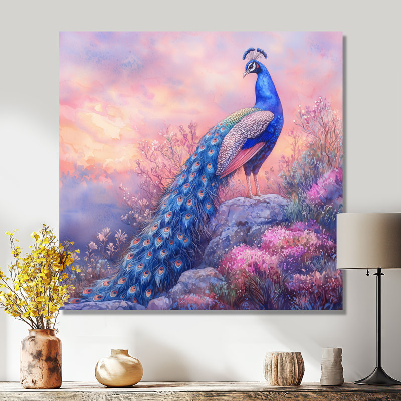 Toile rigide, paon dans un champ de lavande I - oiseau, art mural, H 36 po x l 36 po, Toile tendue, Ne s’applique pas