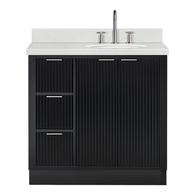 Ensemble de meuble-lavabo simple en bois massif de 36 po avec plateau en quartz Carrara de 1,5 po Haun, évier droit, lavabo ovale