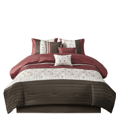 7 Piece Comforter Red King - Embroidery Details 100% Filling Comprises 1 Comforter, 2 Shams, 3 Pillows, Bed Skirt Machine Washable Embroidered Beauty Decorative Easy To Clean By
