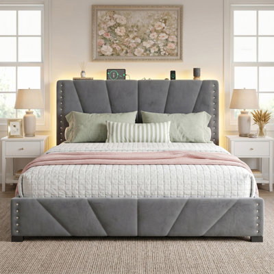 Queen Size Velvet Upholstered Storage Platform Bed Frame with Adjustable Height Headboard, LED Lighting, Charging Station and 11.8" Underbed Storage, No Box Spring Needed