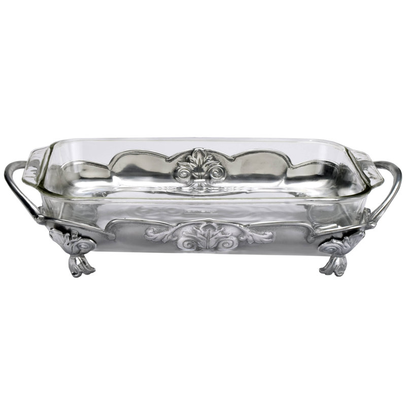 Arthur Court 17" Silver Aluminum Pyrex Holder with Fleur-De-Lis Design