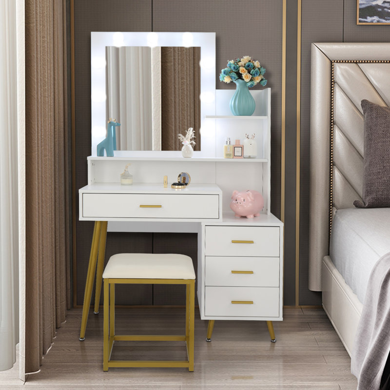 White Makeup Vanity Set With 9 LED Bulbs, Cushioned Stool, 3 Storage Shelves And 4 Drawers